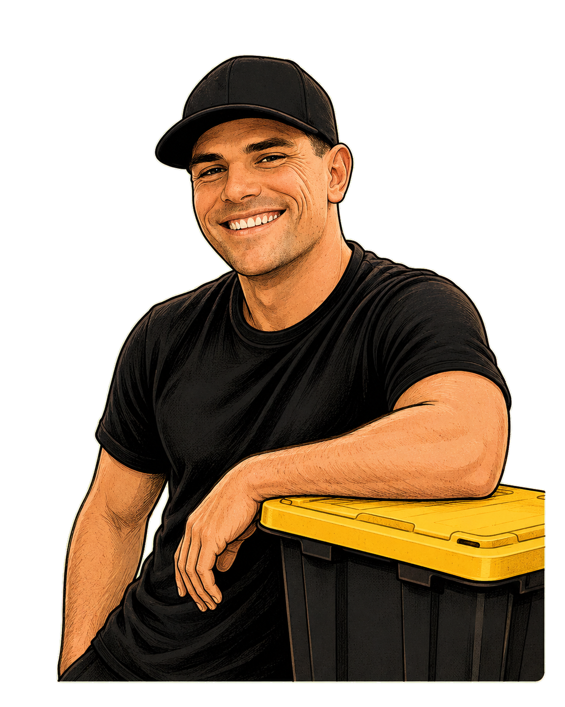 Cartoon illustration of The Tote Rack Guy with a black and yellow tote